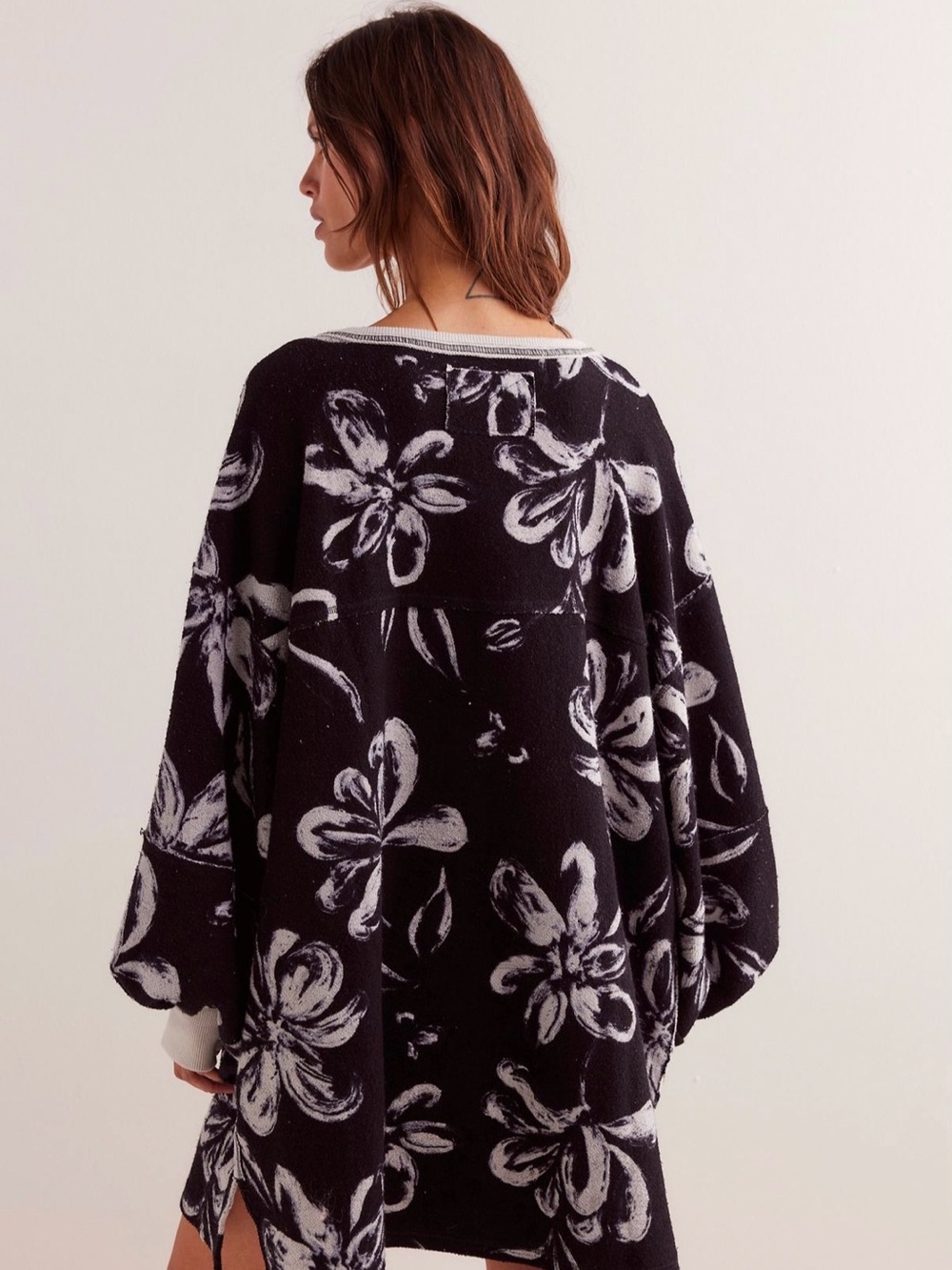 Free People Black Floral Scoopneck Sweater with White Print - Picture 2 of 6